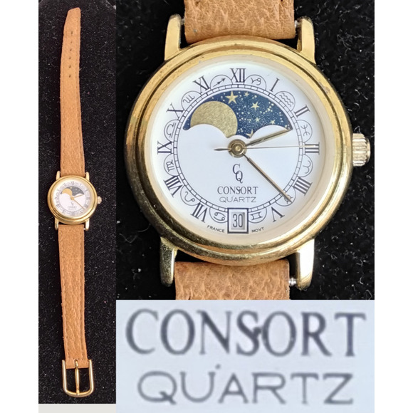 Consort Accessories - Women's Consort Quartz Moon Phases Watch Brown Leather Brand New Battery #Z5663